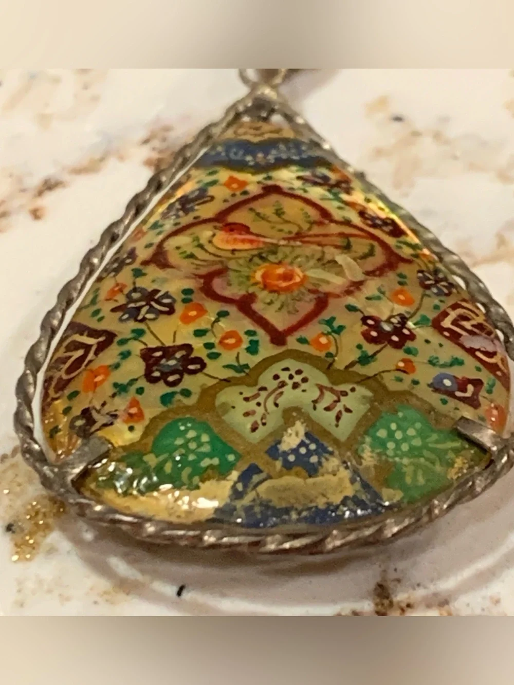 Vintage Hand-Painted Teardrop Pendant Necklace Reversible Bird Floral Horseback